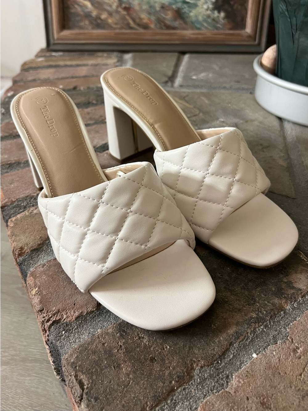 The Drop Quilted Ivory Block Heel Slide Sandals